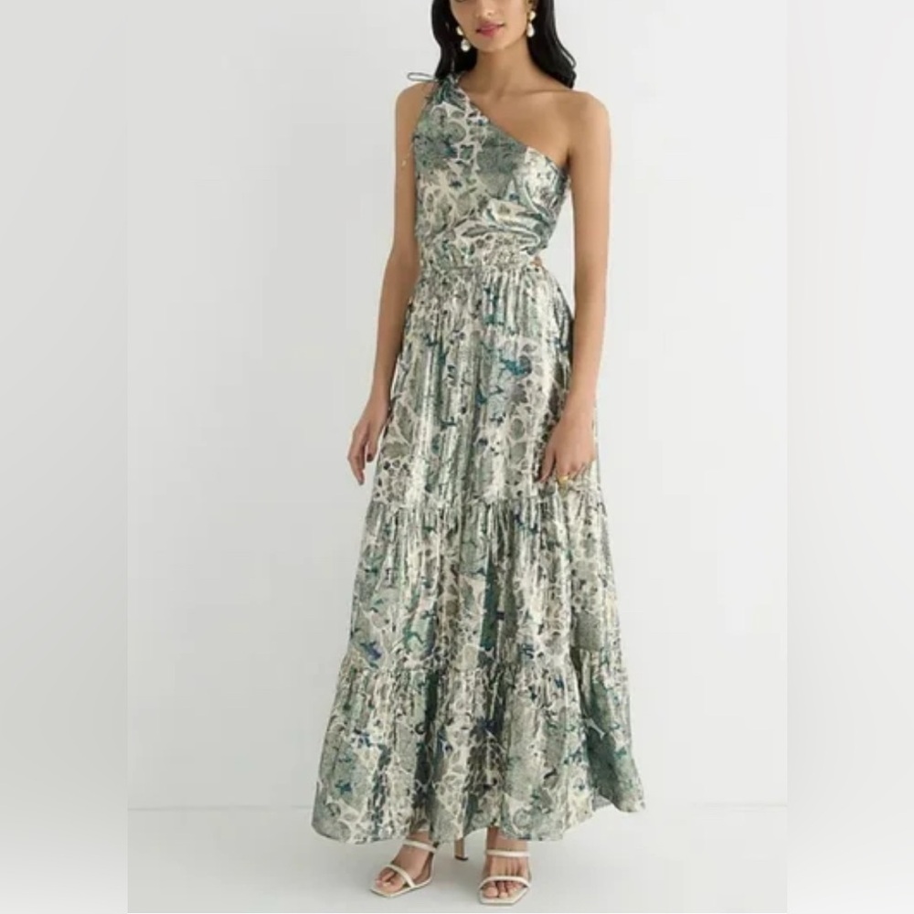 J. Crew Collection One Shoulder Cutout Dress in Floral Lurex Chiffon - Sz 6